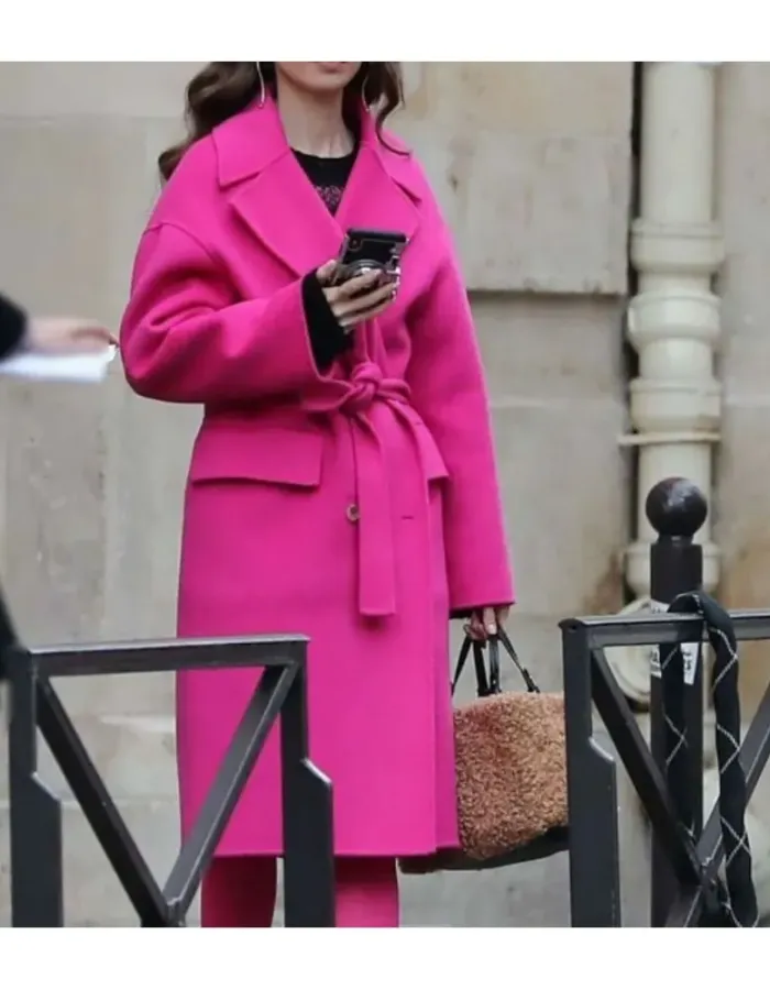 Emily in Paris Lily Collins (Emily Cooper) Pink Wool Coat Emily in Paris Lily Collins (Emily Cooper) Pink Wool Coat