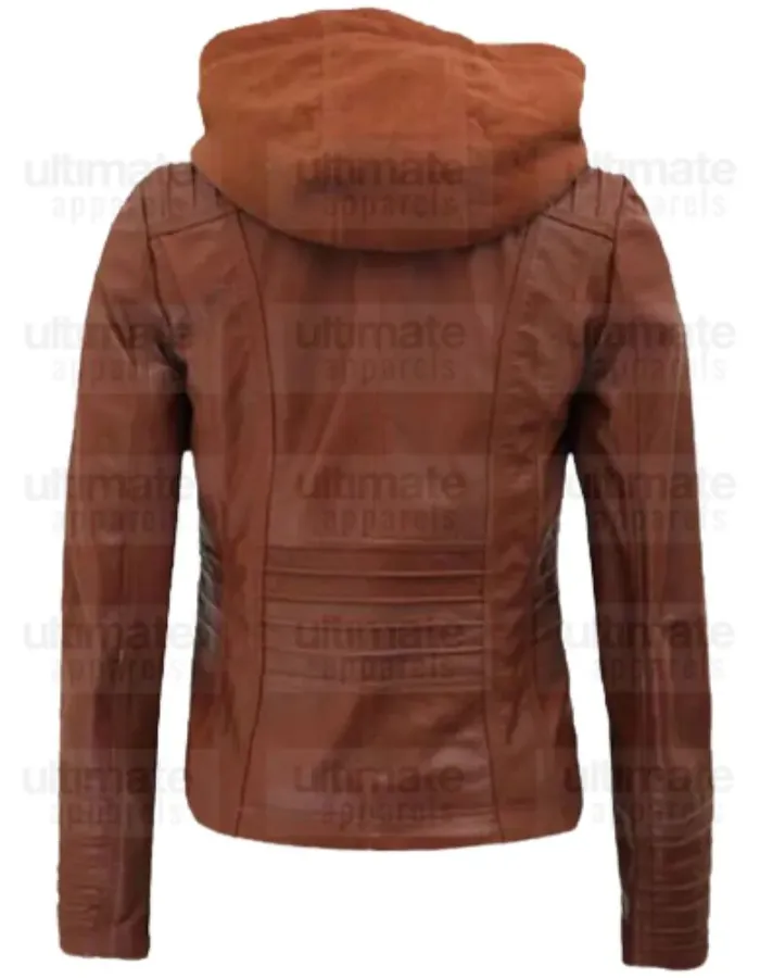 Women Slimfit Brown Hooded Leather Jacket