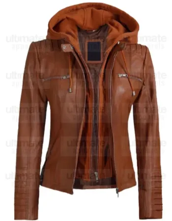 Women Slimfit Brown Hooded Leather Jacket