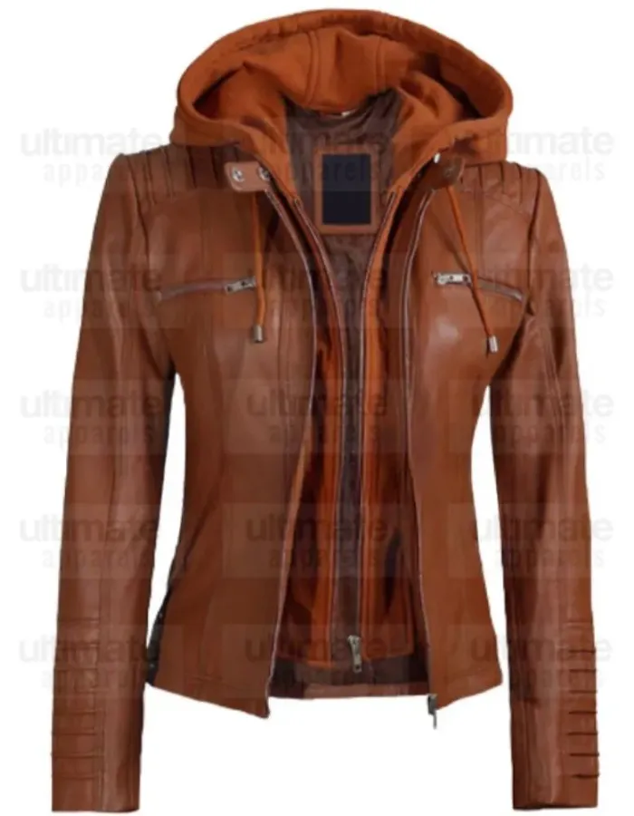 Women Slimfit Brown Hooded Leather Jacket