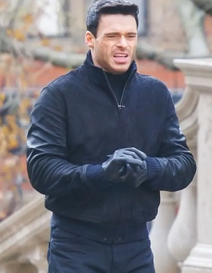 Citadel 2023 Richard Madden (Mason Kane) Blue Suede Leather Jacket Citadel 2023 Richard Madden (Mason Kane) Blue Suede Leather Jacket