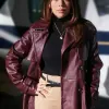 Family History Mysteries 2023 Janel Parrish (Sophie McClure) Brown Leather Coat