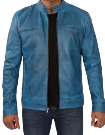 Cafe Racer Blue Lambskin Leather Jacket