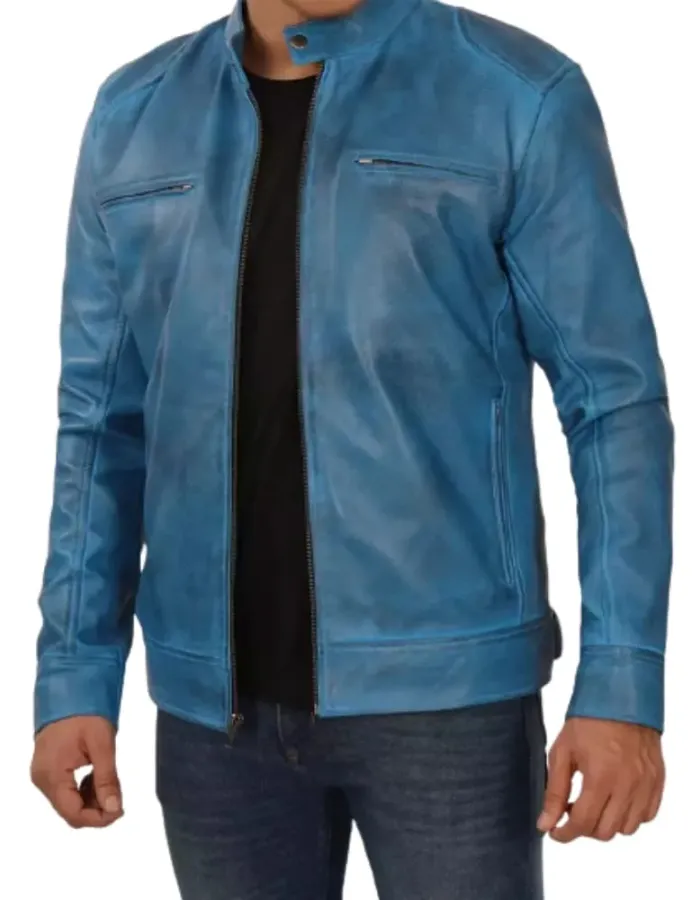 Cafe Racer Blue Lambskin Leather Jacket