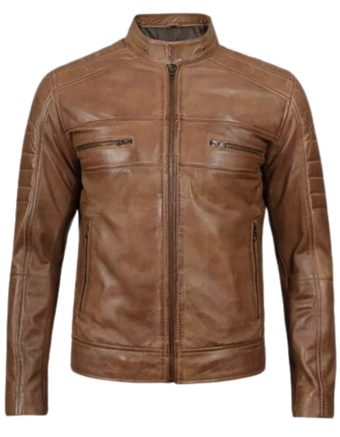 Cafe Racer Camel Waxed Padded Leather Jacket Cafe Racer Camel Waxed Padded Leather Jacket