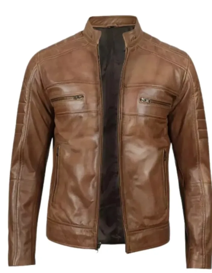 Cafe Racer Camel Waxed Padded Leather Jacket Cafe Racer Camel Waxed Padded Leather Jacket