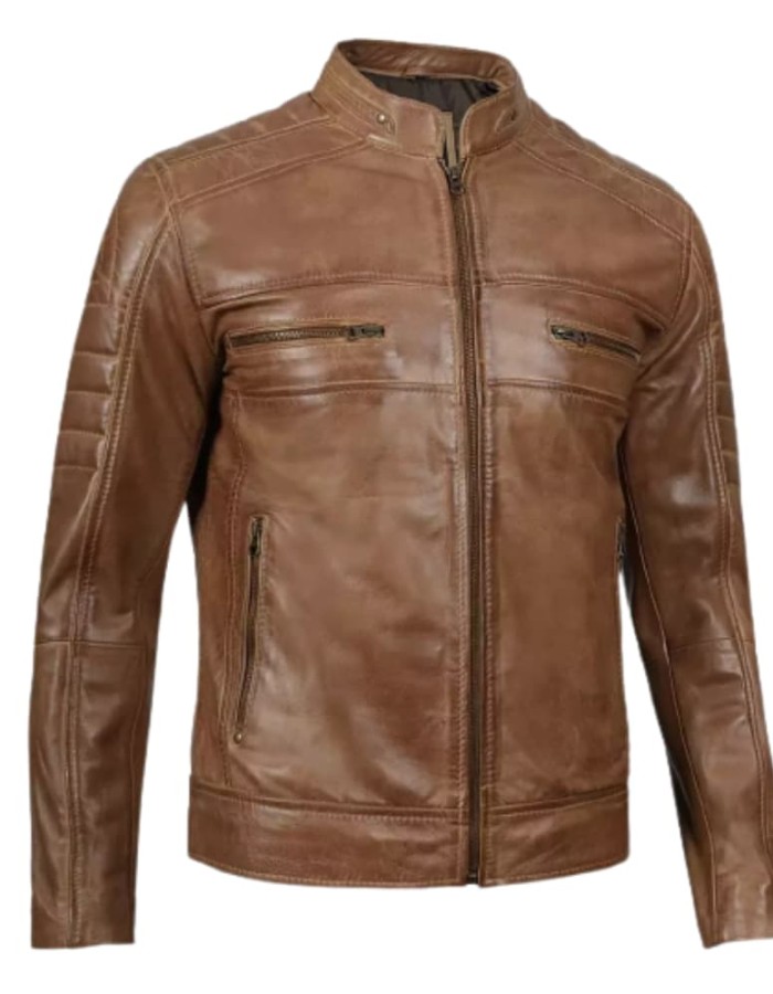 Cafe Racer Camel Waxed Padded Leather Jacket Cafe Racer Camel Waxed Padded Leather Jacket