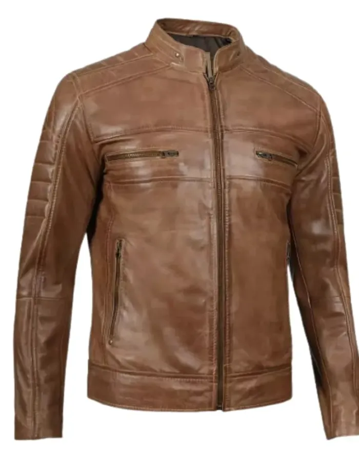 Cafe Racer Camel Waxed Padded Leather Jacket Cafe Racer Camel Waxed Padded Leather Jacket