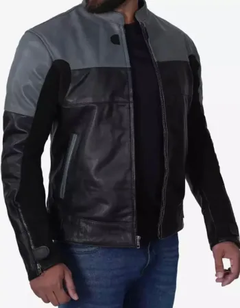 Men's Grey and Black Cafe Racer Leather Jacket