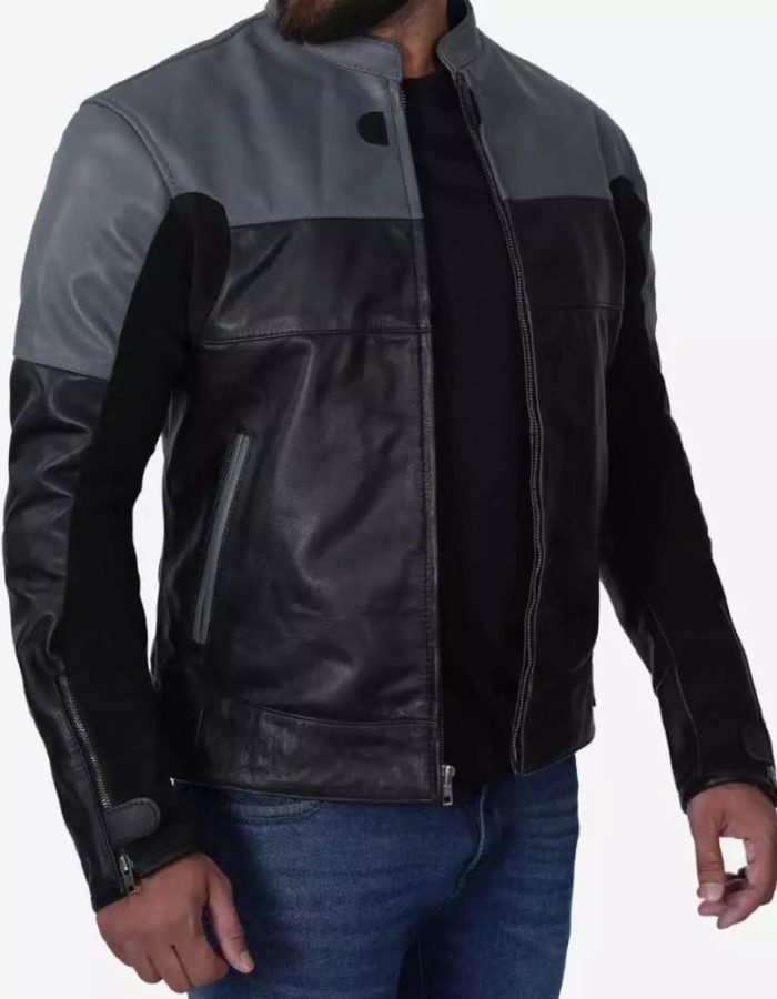 Men's Grey and Black Cafe Racer Leather Jacket