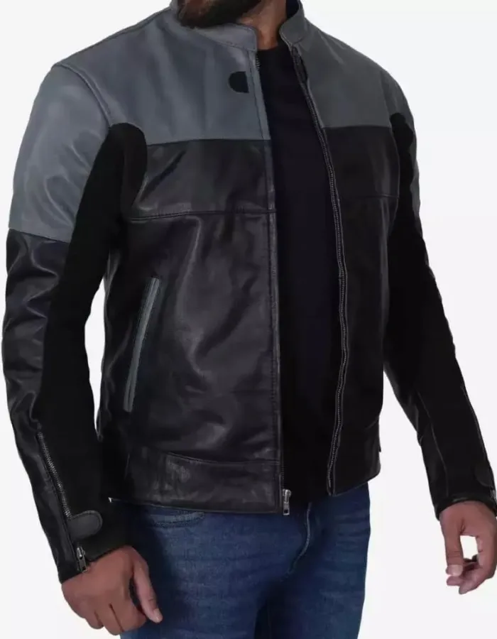 Men's Grey and Black Cafe Racer Leather Jacket Men's Grey and Black Cafe Racer Leather Jacket