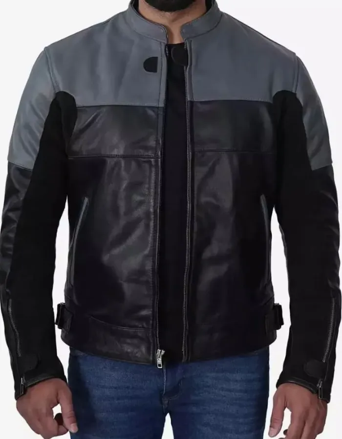 Men's Grey and Black Cafe Racer Leather Jacket Men's Grey and Black Cafe Racer Leather Jacket