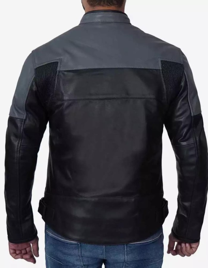 Men's Grey and Black Cafe Racer Leather Jacket