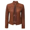 Cafe Racer Womens Tan Brown Padded Leather Jacket
