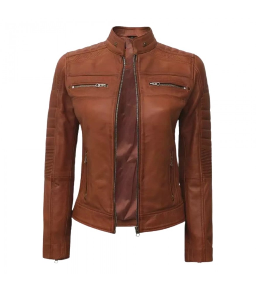 Cafe Racer Womens Tan Brown Padded Leather Jacket
