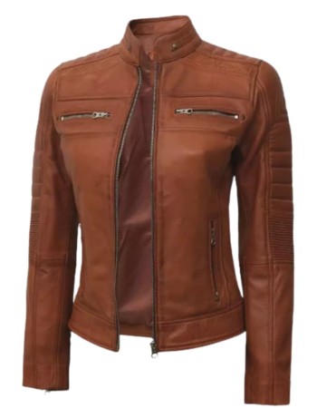 Cafe Racer Womens Tan Brown Padded Leather Jacket