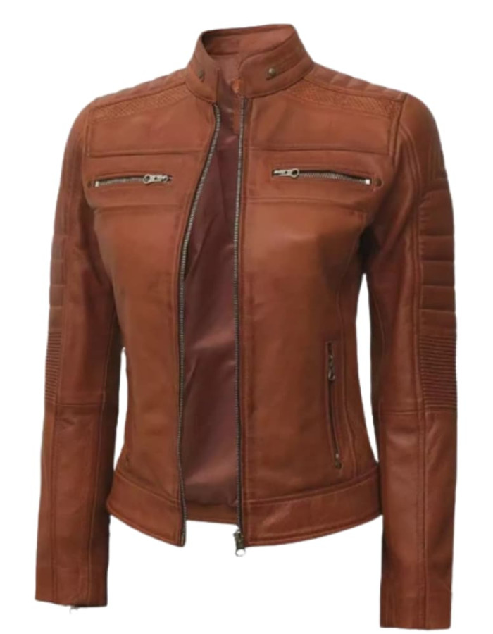 Cafe Racer Womens Tan Brown Padded Leather Jacket Cafe Racer Womens Tan Brown Padded Leather Jacket