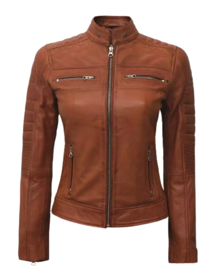 Cafe Racer Womens Tan Brown Padded Leather Jacket Cafe Racer Womens Tan Brown Padded Leather Jacket