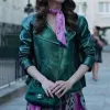 Emily In Paris Lily Collins (Emily Cooper) Green Metallic Moto Leather Jacket Emily In Paris Lily Collins (Emily Cooper) Green Metallic Moto Leather Jacket