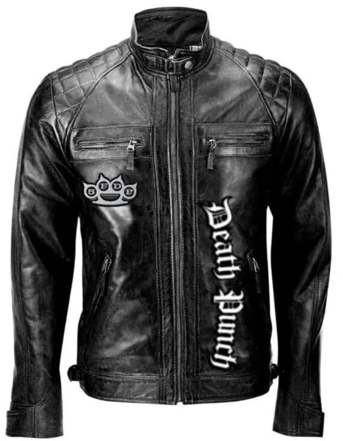Five Finger Death Punch Black Leather Biker Jacket Five Finger Death Punch Black Leather Biker Jacket