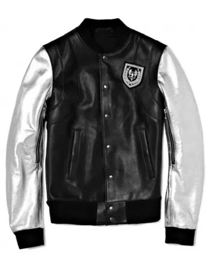 Justin Bieber Black And Silver Leather Bomber Varsity Jacket