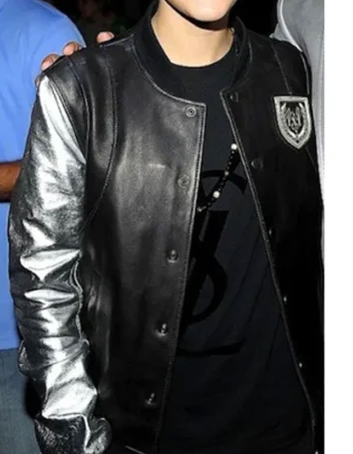 Justin Bieber Black And Silver Leather Bomber Varsity Jacket