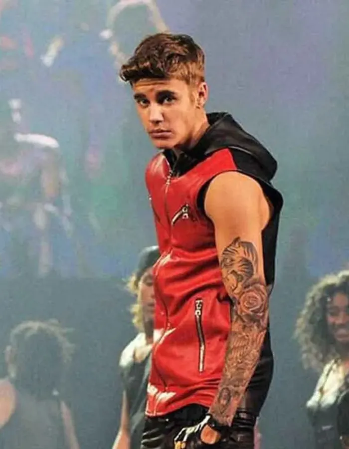 Justin Bieber Red Hooded Leather Vest