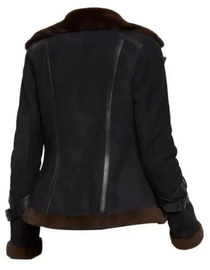 Meghan Aviator Black Bomber Shearling Fur Jacket Meghan Aviator Black Bomber Shearling Fur Jacket