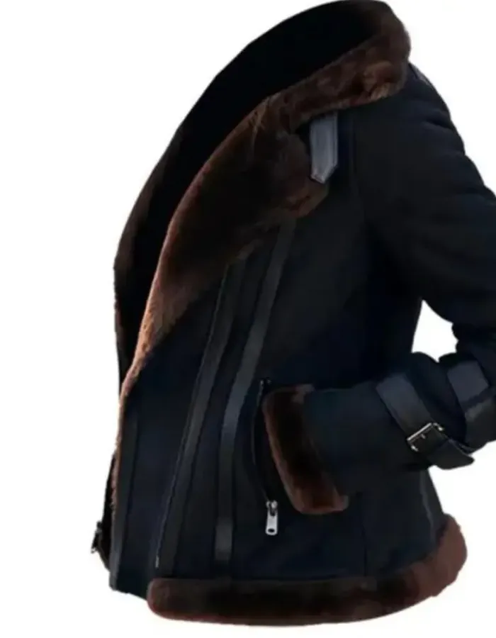 Meghan Aviator Black Bomber Shearling Fur Jacket Meghan Aviator Black Bomber Shearling Fur Jacket