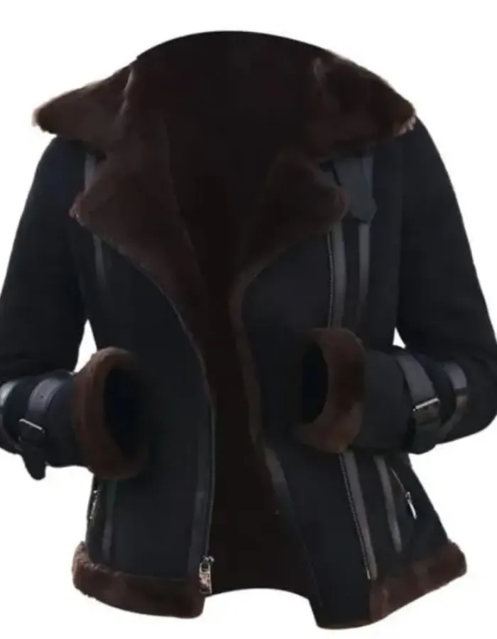 Meghan Aviator Black Bomber Shearling Fur Jacket Meghan Aviator Black Bomber Shearling Fur Jacket