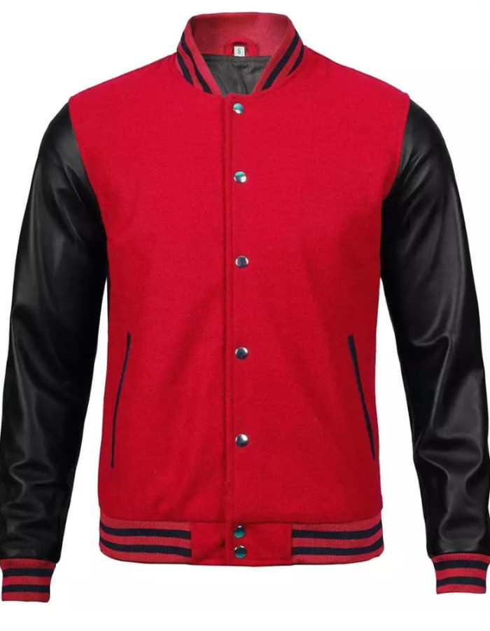 Men's Baseball Style Red Letterman Varsity Bomber Jacket