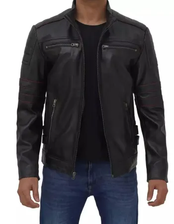 Men's Black Cafe Racer Biker Leather Jacket