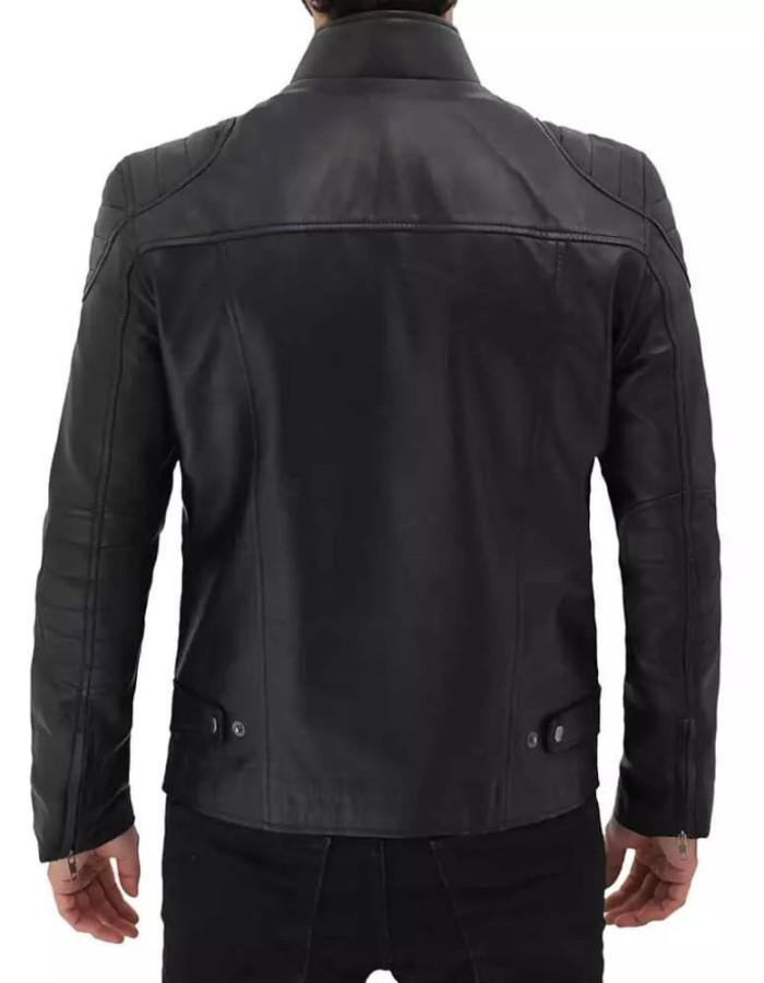 Men's Black Padded Shoulder Cafe Racer Leather Jacket Men's Black Padded Shoulder Cafe Racer Leather Jacket