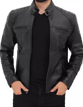 Men's Black Padded Shoulder Cafe Racer Leather Jacket