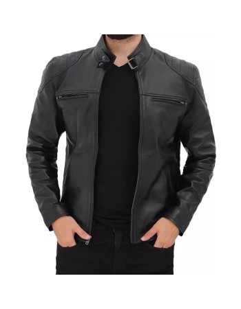 Men's Black Padded Shoulder Cafe Racer Leather Jacket