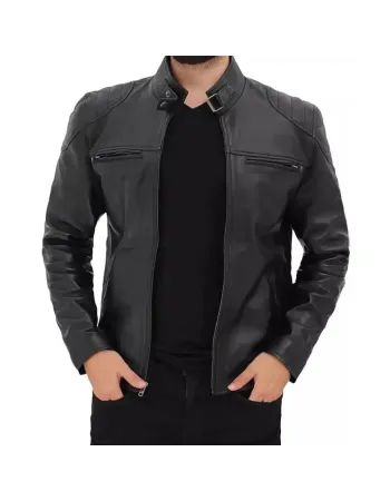 Men's Black Padded Shoulder Cafe Racer Leather Jacket