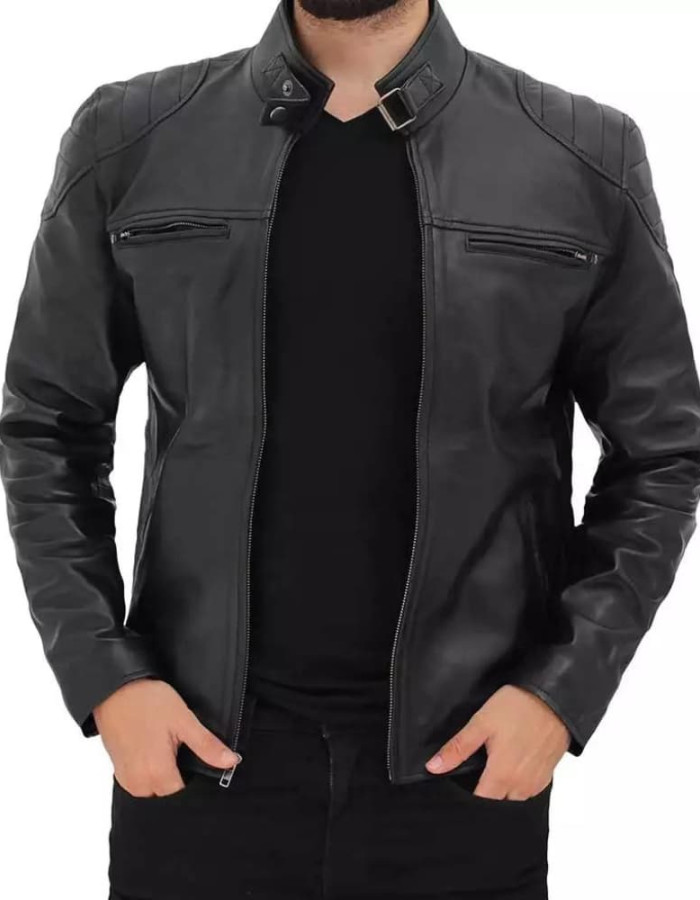 Men's Black Padded Shoulder Cafe Racer Leather Jacket Men's Black Padded Shoulder Cafe Racer Leather Jacket