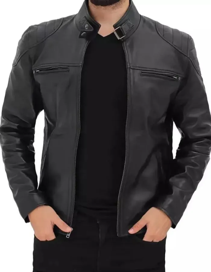 Men's Black Padded Shoulder Cafe Racer Leather Jacket