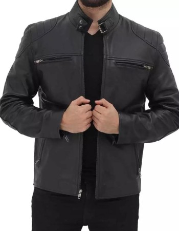 Men's Black Padded Shoulder Cafe Racer Leather Jacket