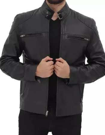 Men's Black Padded Shoulder Cafe Racer Leather Jacket