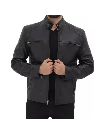 Men's Black Padded Shoulder Cafe Racer Leather Jacket Men's Black Padded Shoulder Cafe Racer Leather Jacket