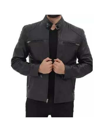 Men's Black Padded Shoulder Cafe Racer Leather Jacket Men's Black Padded Shoulder Cafe Racer Leather Jacket