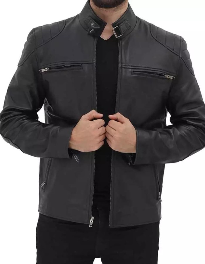 Men's Black Padded Shoulder Cafe Racer Leather Jacket Men's Black Padded Shoulder Cafe Racer Leather Jacket