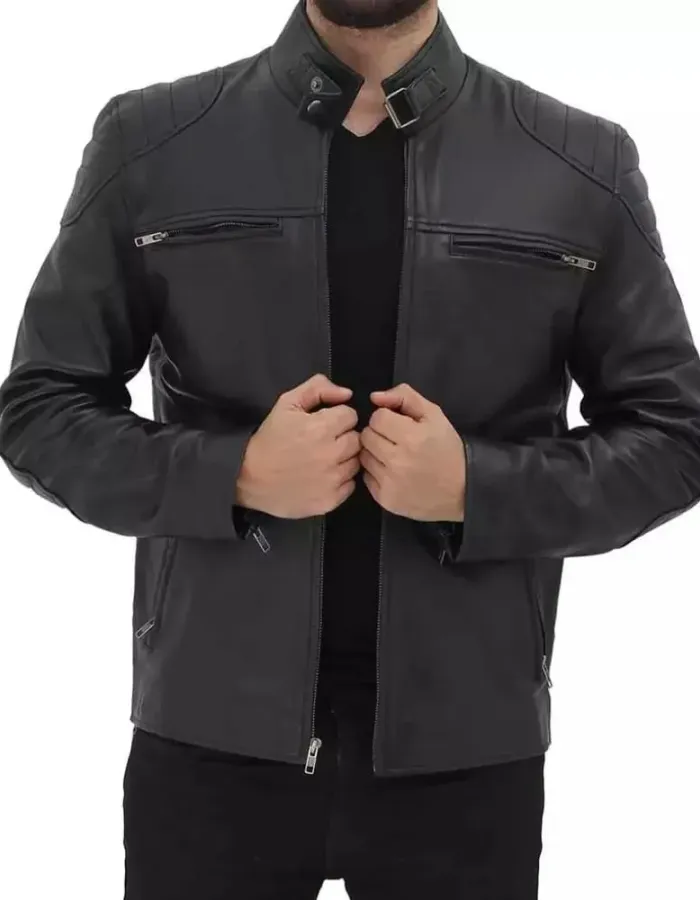 Men's Black Padded Shoulder Cafe Racer Leather Jacket