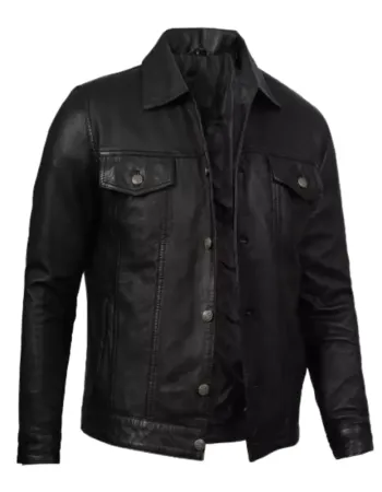Men's Black Trucker Leather Jacket