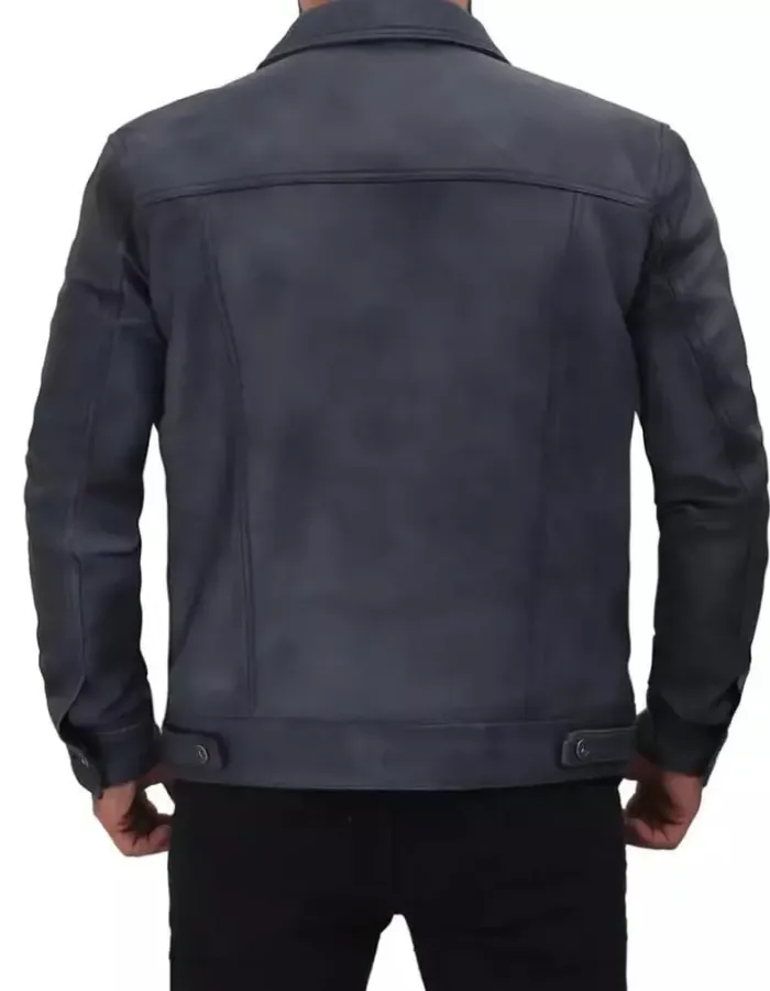Mens Grayish Blue Trucker Leather Jacket