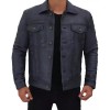 Mens Grayish Blue Trucker Leather Jacket