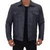 Mens Grayish Blue Trucker Leather Jacket