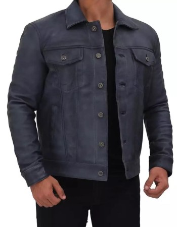 Mens Grayish Blue Trucker Leather Jacket Mens Grayish Blue Trucker Leather Jacket