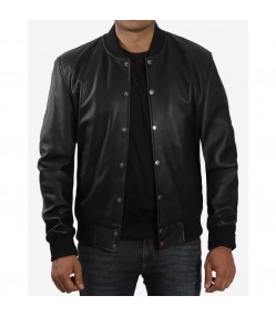 Men's Letterman Black Leather Bomber Jacket